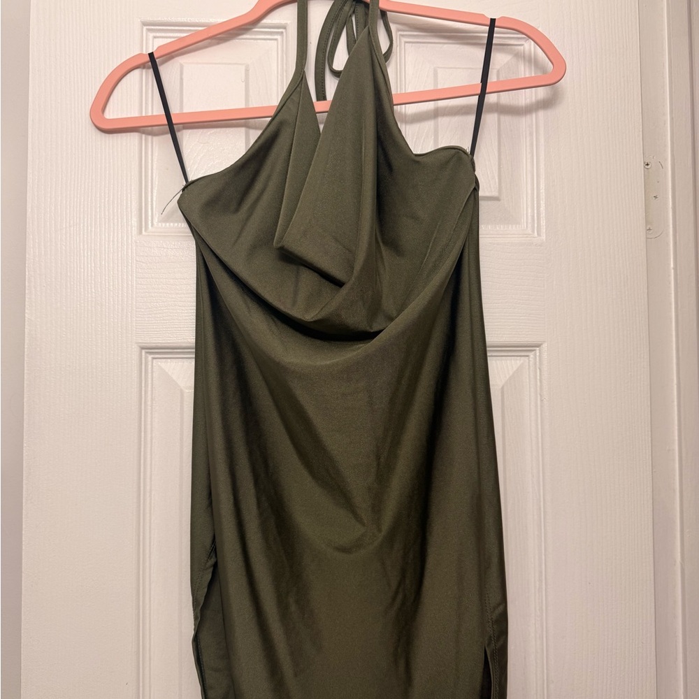 Olive Green Halter Cowl Neck Dress